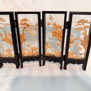 Vintage San You Cork Carving - 4-Panel Glass Folding Screen